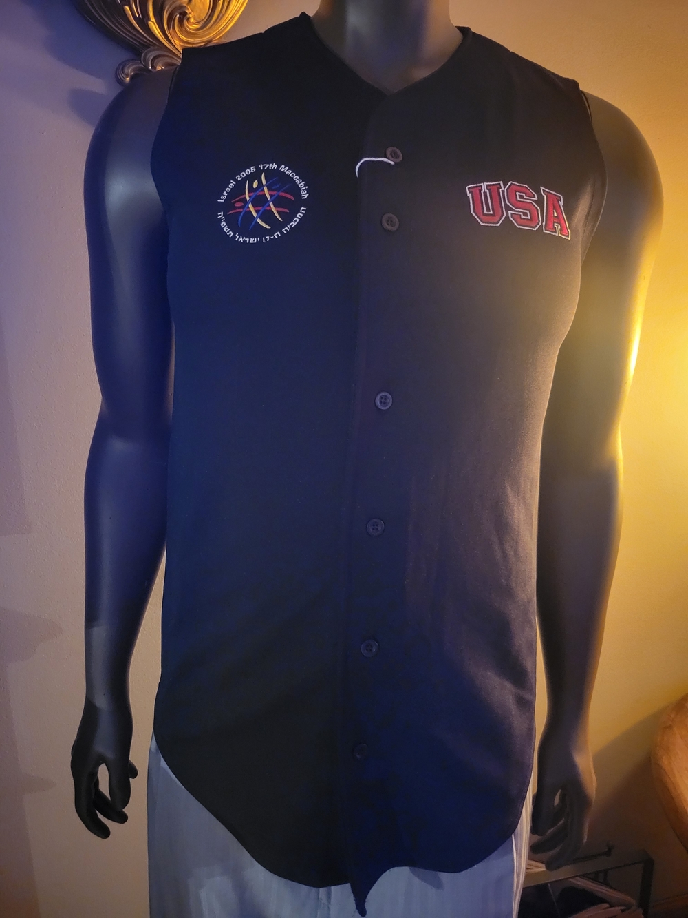 USA Embroidered Black Sleeveless Baseball Vest